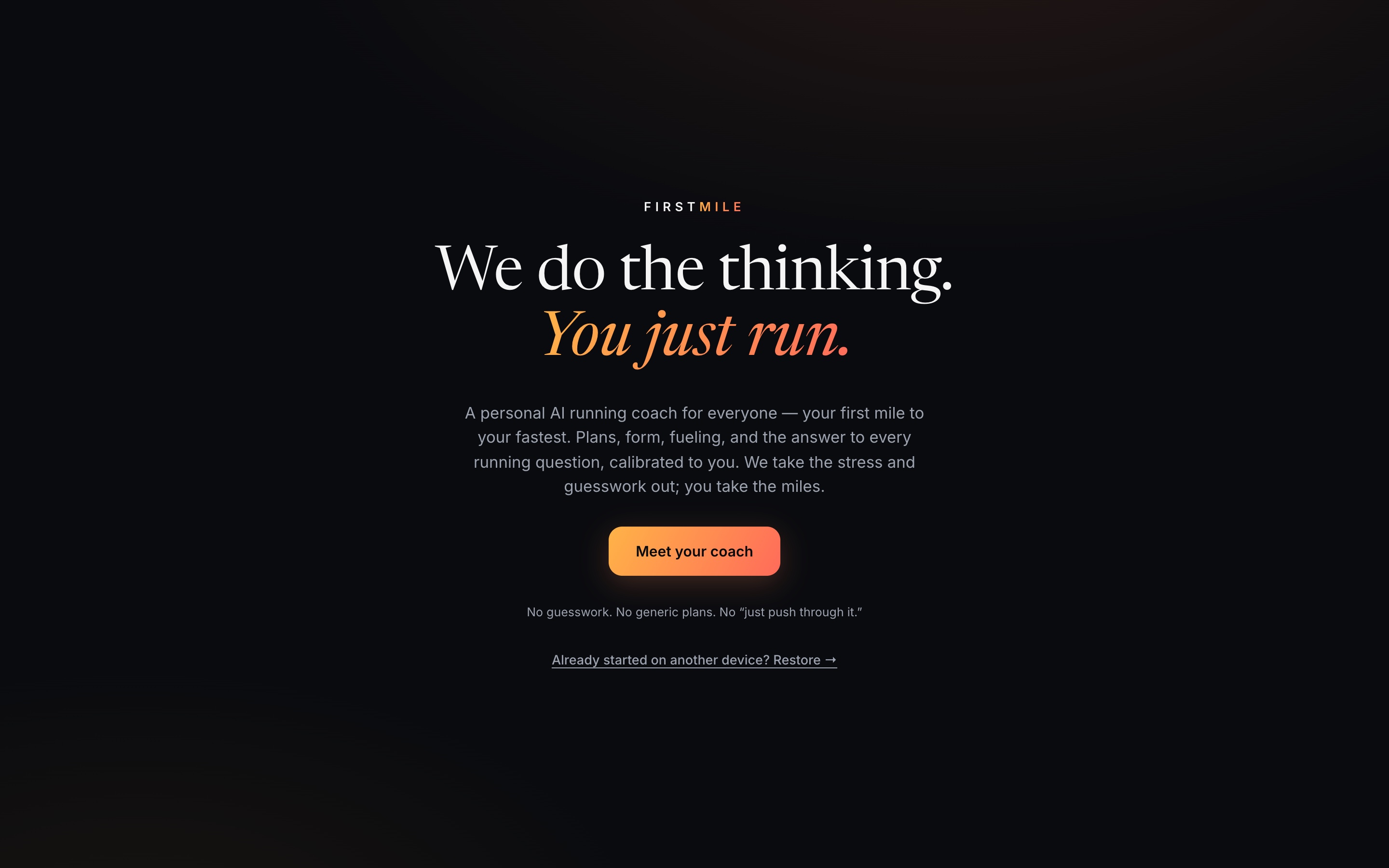 FirstMile website hero, a dark design for an AI running coach