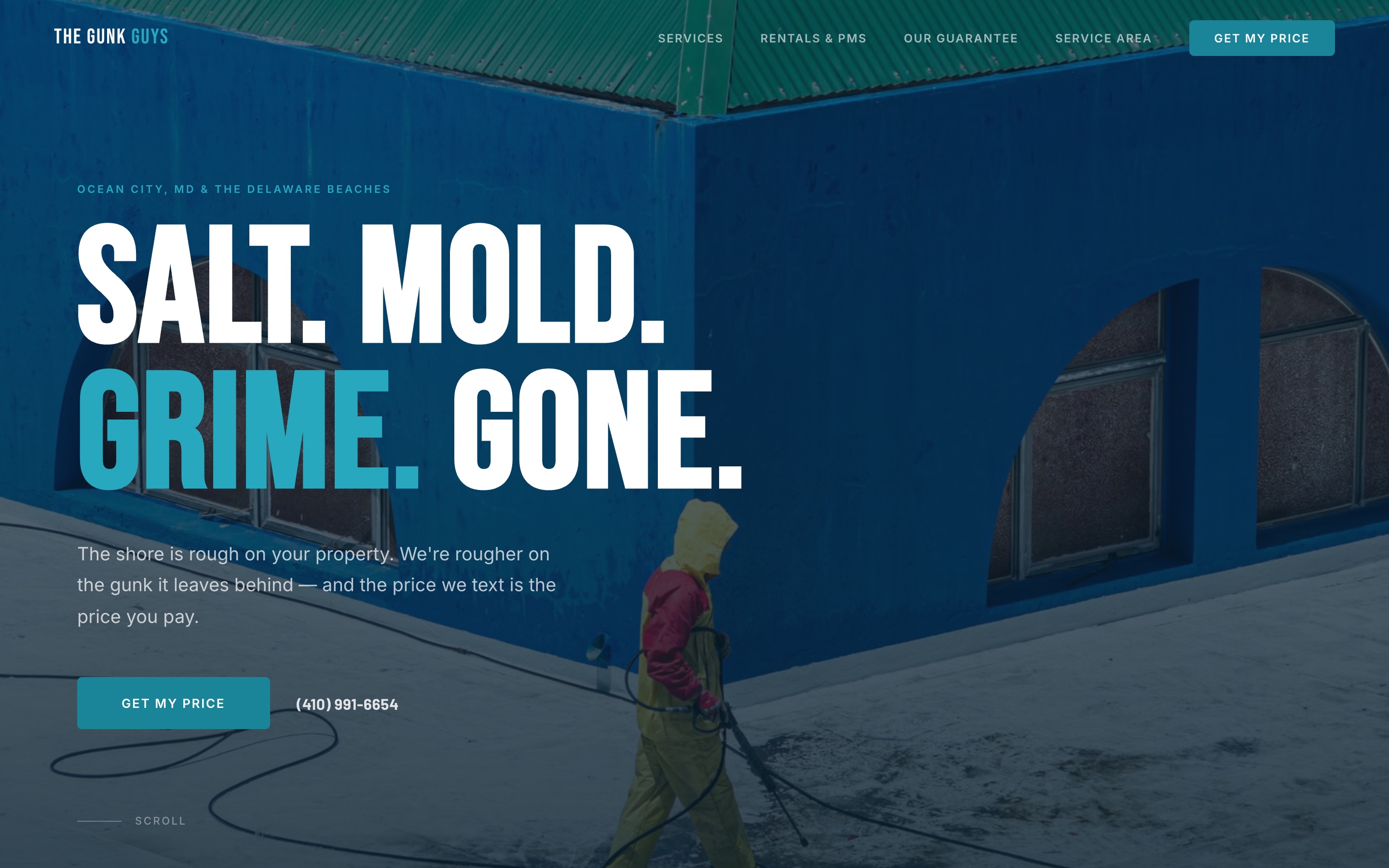 The Gunk Guys website hero, a bold blue design for a power washing company