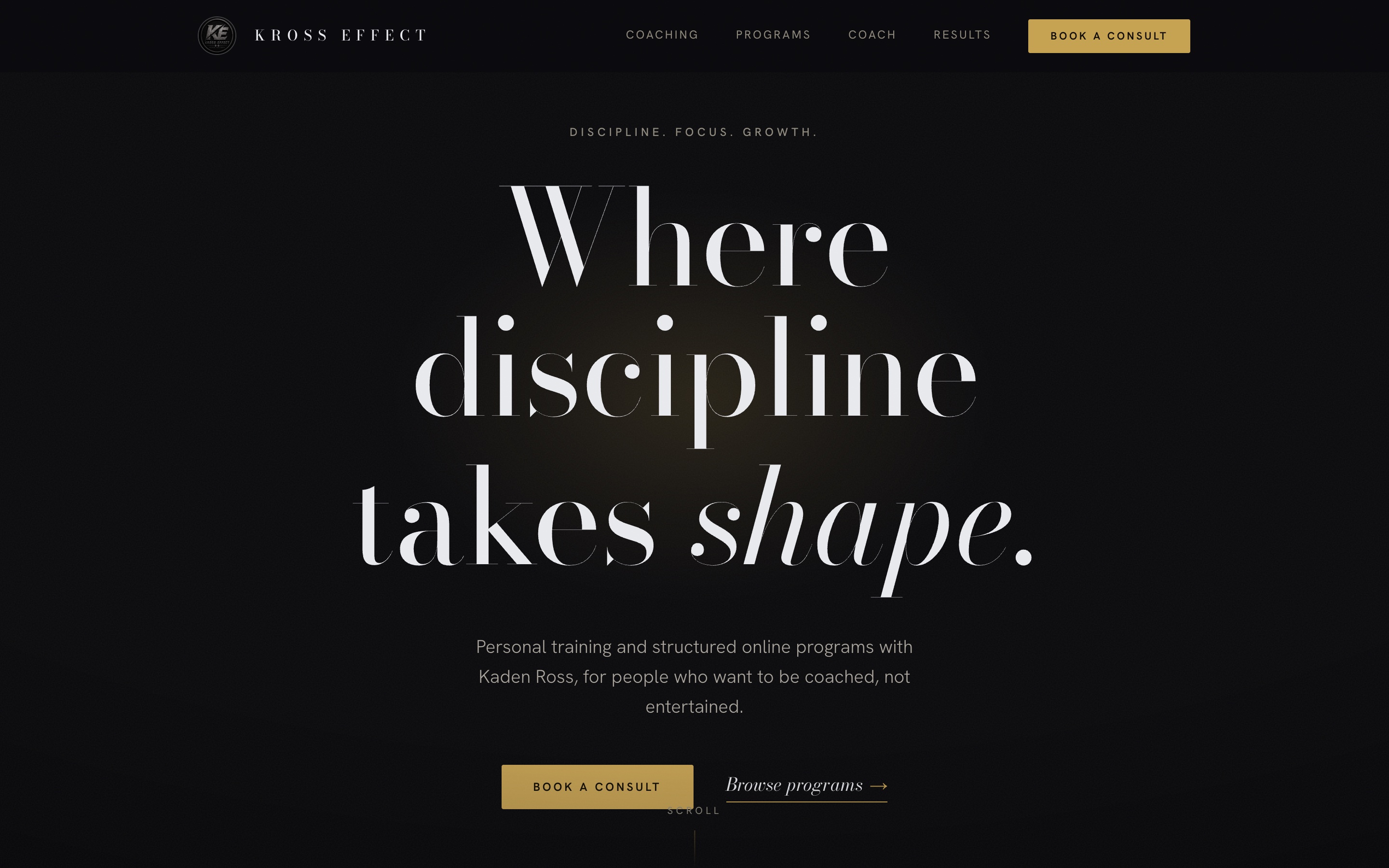Kross Effect website hero, a dark serif design for a personal training brand
